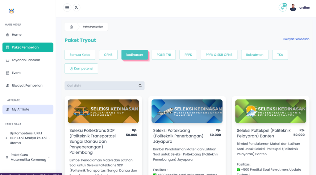 Fungsional Indonesia Platform Simulasi Tryout Sekolah Kedinasan 2026